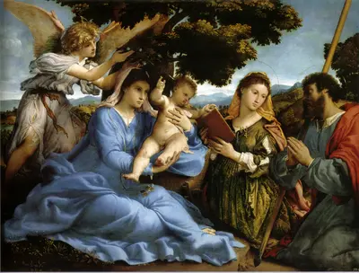 Madonna and child with Saint Catherine, Saint James the Greater, and an angel