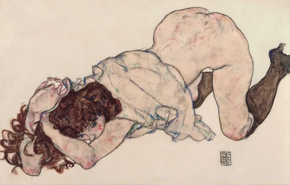 Kniendes Mädchen, auf beide Ellbogen gestützt — Egon Schiele