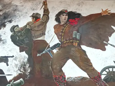 Female Partisan in Battle — Unknown Artist (Albanian Socialist Realist School)