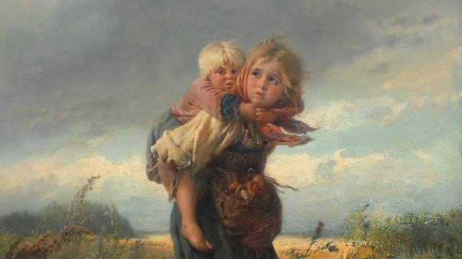 Children running from a thunderstorm