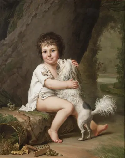Two-year-old Henri Bertholet-Campan with his dog Aline
