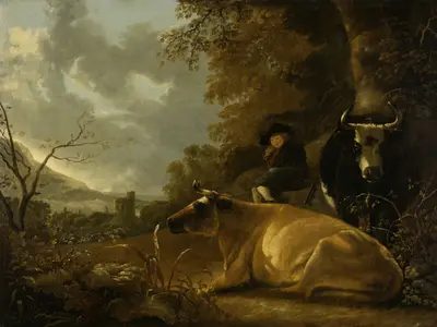 Landscape with cows and young herdsman.